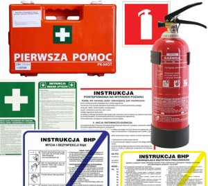 Zestaw mały dla firm Apteczka K-10, Gaśnica 2kg, Instrukcje BHP 
