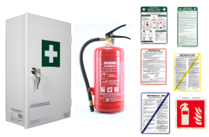 Zestaw średni PLUS dla firm Apteczka, Gaśnica 4 kg, Instrukcje BHP