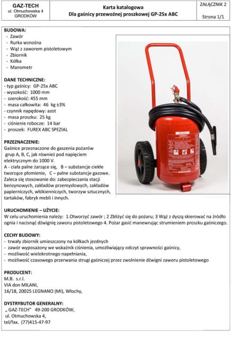 Gaśnica proszkowa 25 kg ABC/E przewoźna GAZ-TECH-1361
