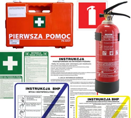 Zestaw mały dla firm Apteczka K-10, Gaśnica 2kg, Instrukcje BHP