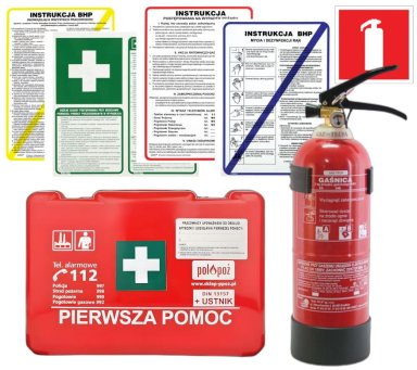 Zestaw mały dla firm Apteczka BD2 DIN 13157, Gaśnica 2kg, Instrukcje BHP