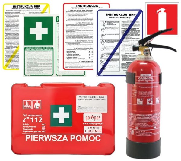 Zestaw mały dla firm Apteczka BD2 DIN 13157, Gaśnica 2kg, Instrukcje BHP