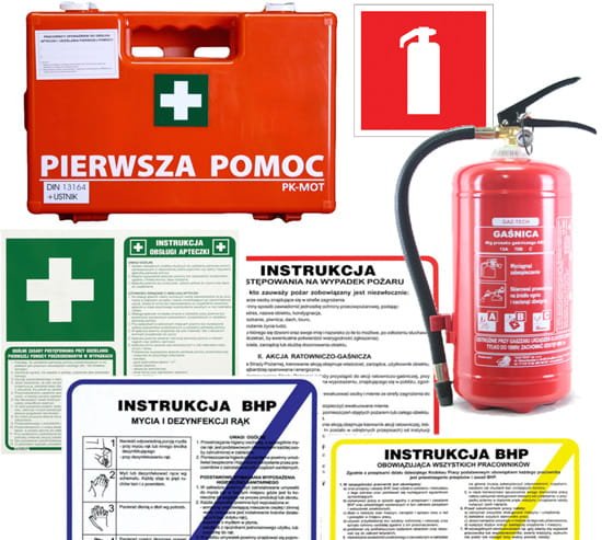 Zestaw średni dla firm Apteczka K10, Gaśnica 4kg, Instrukcje BHP