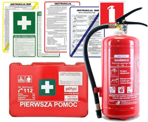 Zestaw średni dla firm Apteczka BD2 DIN 13157, Gaśnica 4kg, Instrukcje BHP