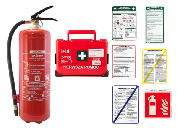 Duży zestaw BHP dla firm Apteczka BD2, Gaśnica 6kg, Znaki