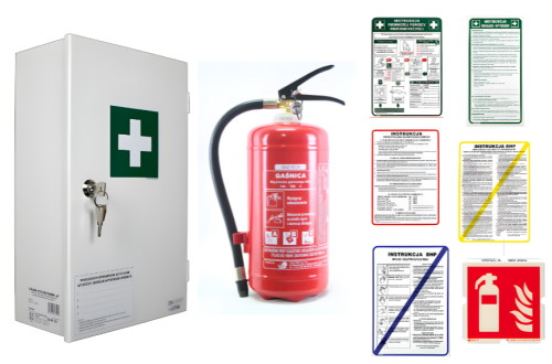 Zestaw średni PLUS dla firm Apteczka, Gaśnica 4 kg, Instrukcje BHP
