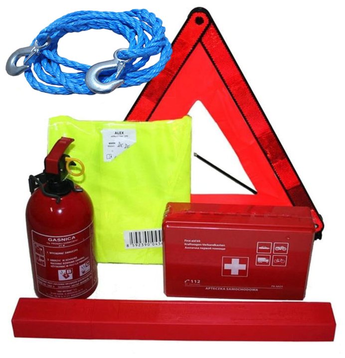 Zestaw samoch-apteczka,lina,gaśnica,trójkąt,kamiz.-2276